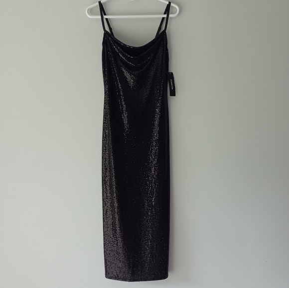NEW Bebe Shiny Metallic Maxi Dress Spaghetti Strap Draped Neck Side Slit Medium - Picture 10 of 15